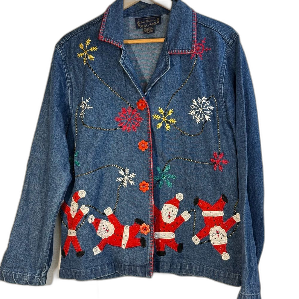 New Direction Festive Denim Jacket Santa and Snowflake Embroidery size Small